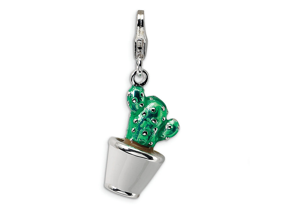 Amore LaVita Sterling Silver 3-D Enameled Potted Green Cactus w/Lobster Clasp Bracelet Charm