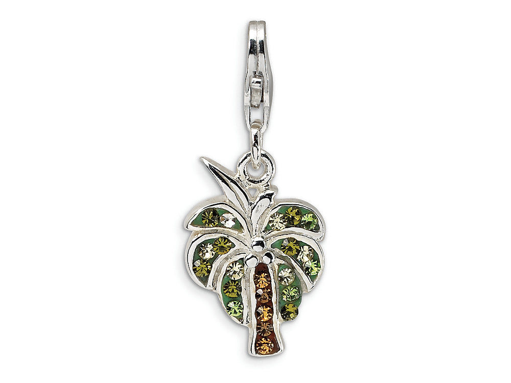 Amore LaVita Sterling Silver Crystal Polished Palm Tree w/Lobster Clasp Bracelet Charm