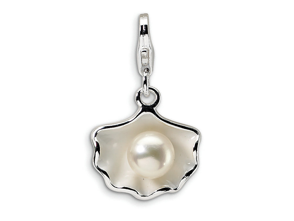 Amore LaVita Sterling Silver 3-D Enameled Shell FW Cultured Pearl w/Lobster Clasp Bracelet Charm