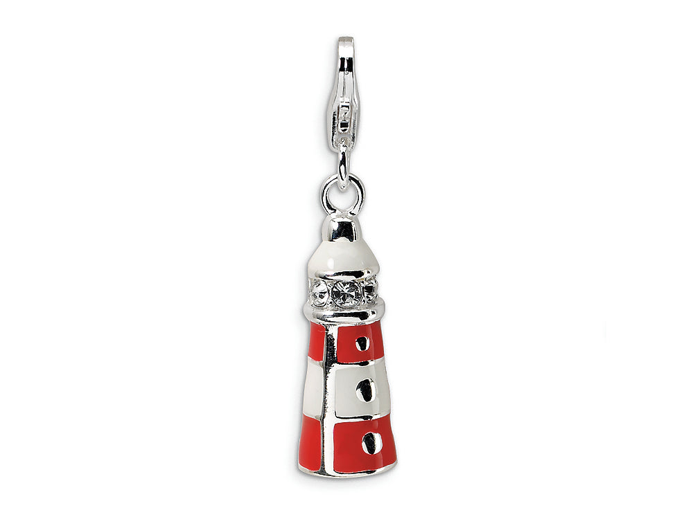 Amore LaVita Sterling Silver 3-D Enameled Crystal Lighthouse w/Lobster Clasp C for Charm Bracelet
