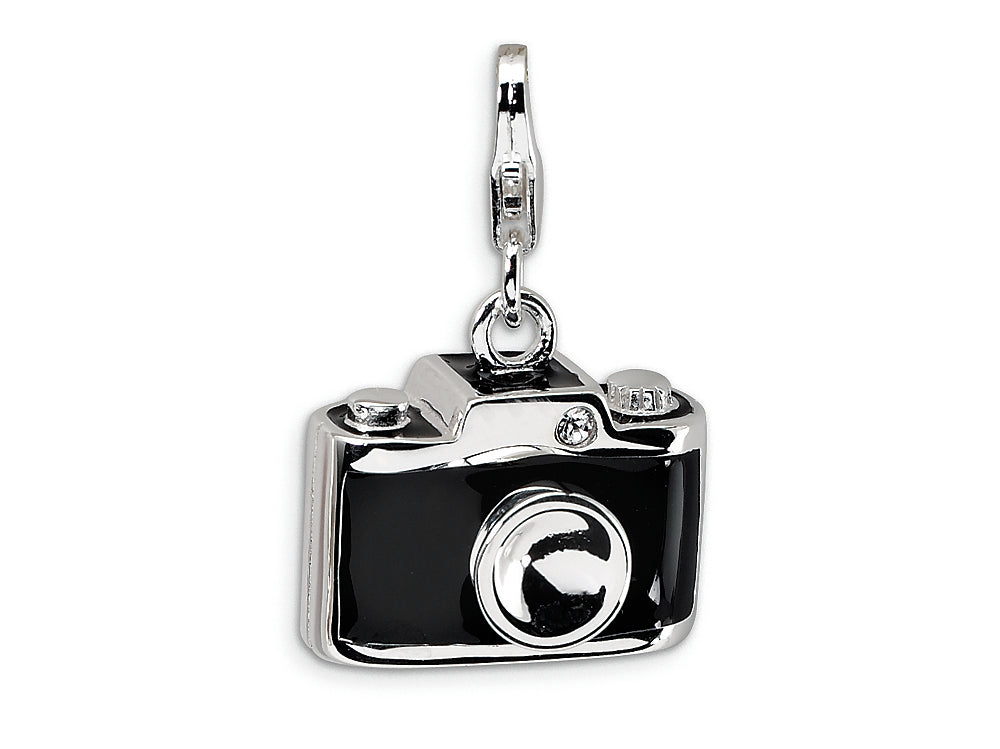 Amore LaVita Sterling Silver 3-D Enameled Crystal Camera w/Lobster Clasp Bracelet Charm