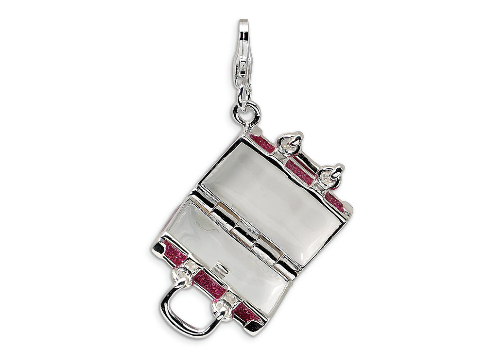 Amore LaVita Sterling Silver 3-D Enameled Opening Fuschia Luggage w/Lobster Clasp Charm (Moveable) for Charm Bracelet