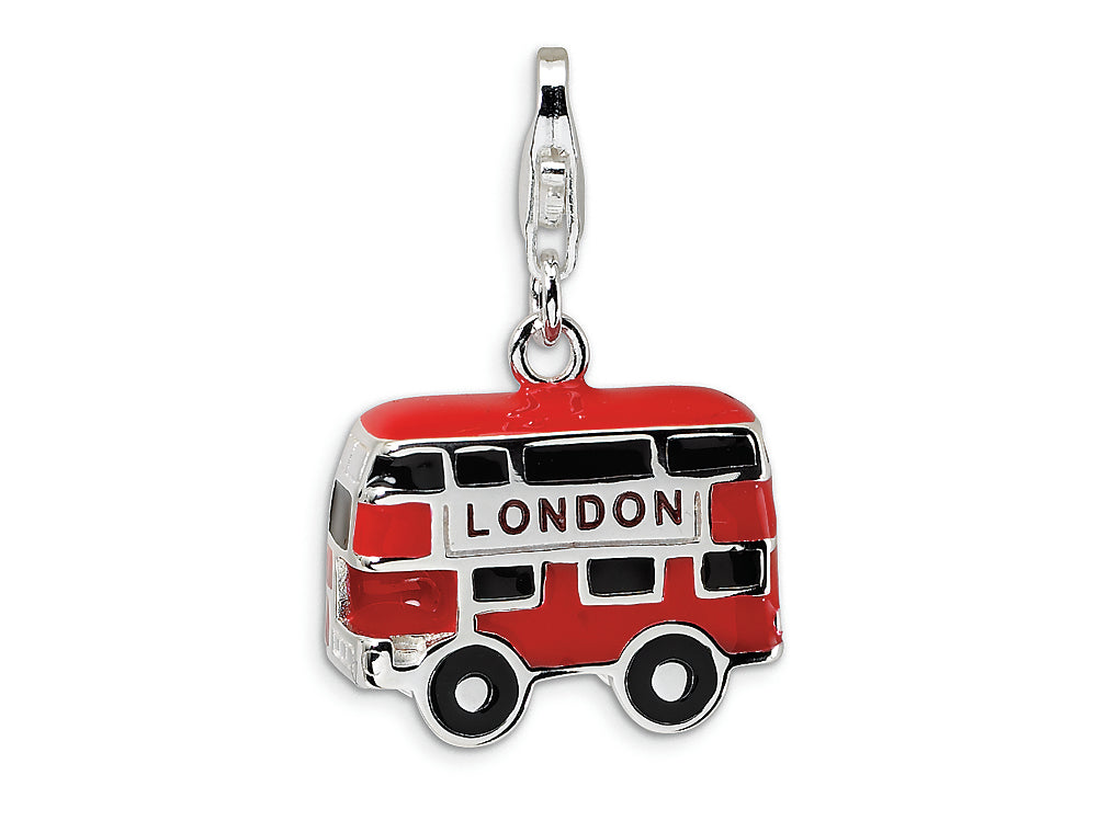 Amore LaVita Sterling Silver 3-D Enameled Double Decker London Bus w/Lobster Clasp Bracelet Charm