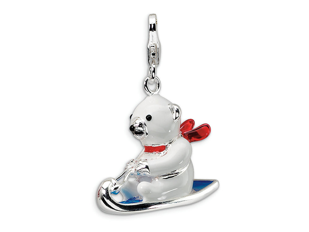 Amore LaVita Sterling Silver 3-D Enameled Polar Bear on Sled w/Lobster Clasp Bracelet Charm