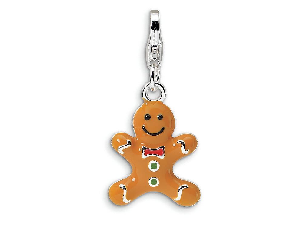 Amore LaVita Sterling Silver 3-D Enameled Gingerbread Cookie w/Lobster Clasp Bracelet Charm