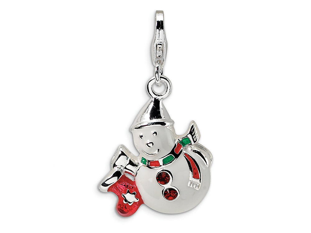 Amore LaVita Sterling Silver Enameled Crystal Snowman w/Lobster Clasp Bracelet Charm