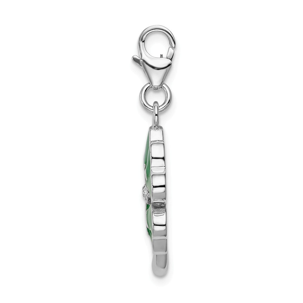 Sterling Silver Rhodium-plated 3-d Enameled 4 Leaf Clover With Lobster Clasp Charm
