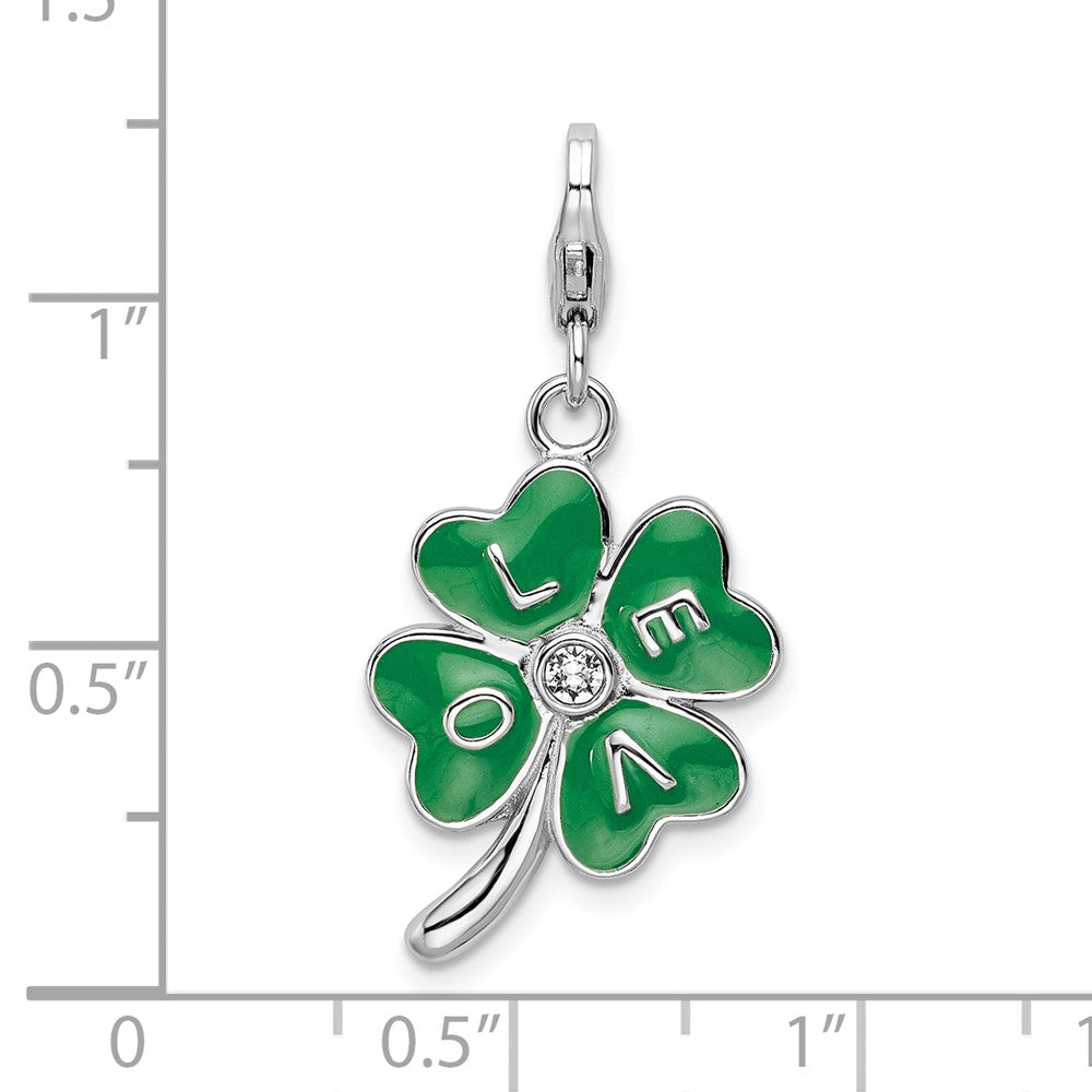 Sterling Silver Rhodium-plated 3-d Enameled 4 Leaf Clover With Lobster Clasp Charm
