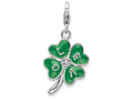 Sterling Silver Rhodium-plated 3-d Enameled 4 Leaf Clover With Lobster Clasp Charm