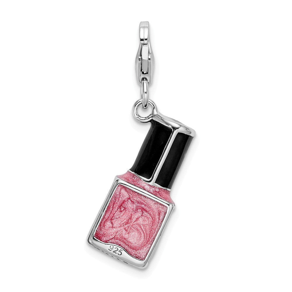 Sterling Silver Rhodium-plated 3-d Enameled Pink Nail Polish Bottle With Lobster Clasp Charm