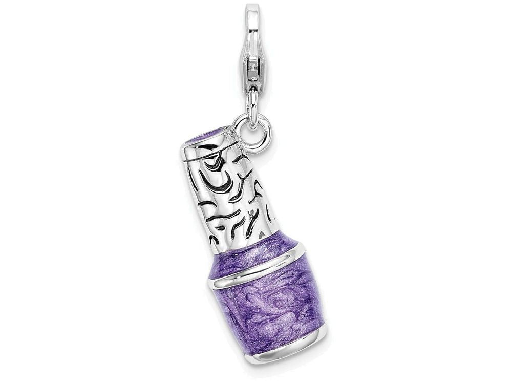 Sterling Silver Rhodium-plated 3-d Enameled Purple Nail Polish Bottle With Lobster Clasp Charm