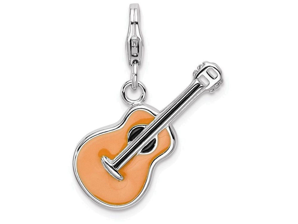 Sterling Silver Rhodium-plated 3-d Enameled Guitar With Lobster Clasp Charm