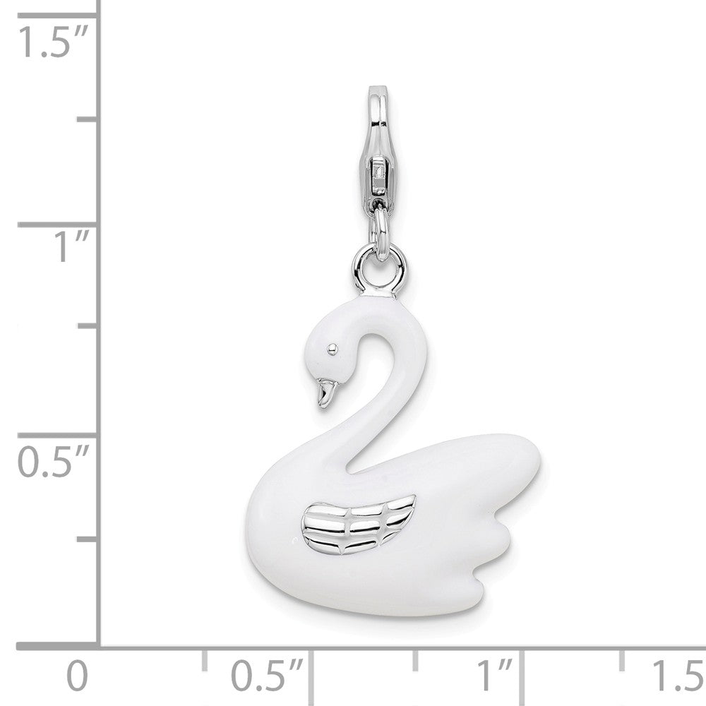 Sterling Silver Rhodium-plated 3-d Enameled Swan With Lobster Clasp Charm