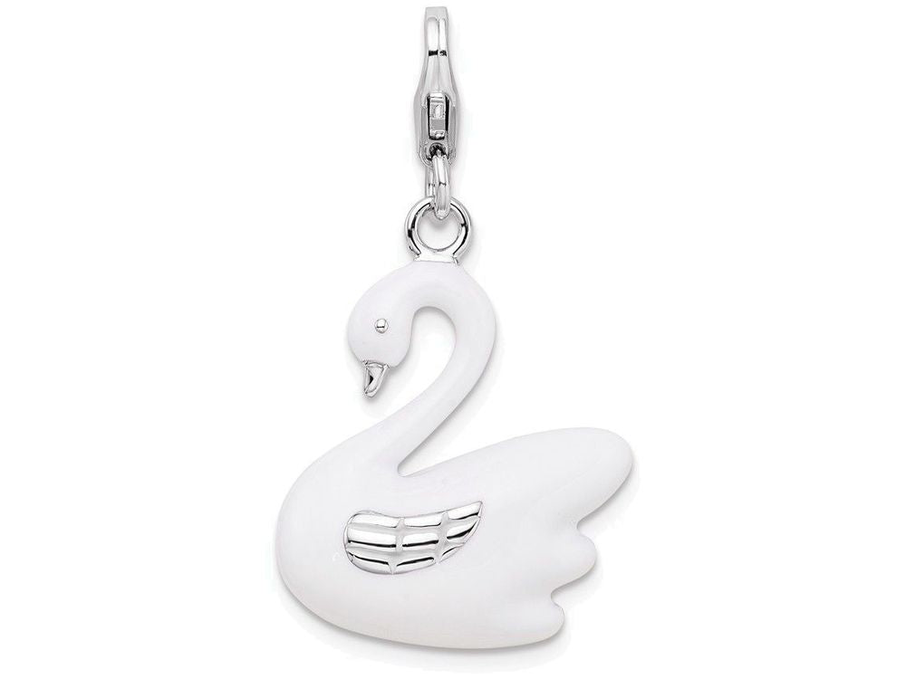 Sterling Silver Rhodium-plated 3-d Enameled Swan With Lobster Clasp Charm