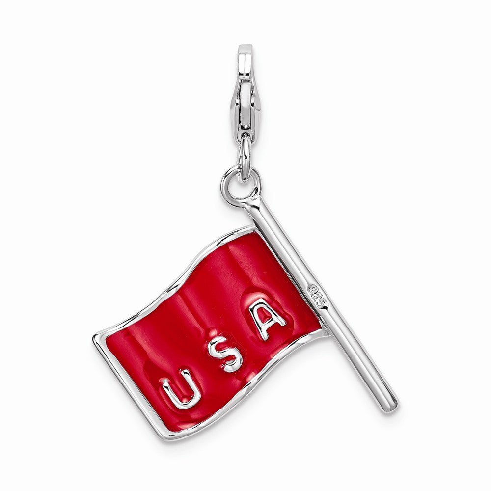 Sterling Silver Rhodium-plated 3-d Enameled American Flag With Lobster Clasp Charm