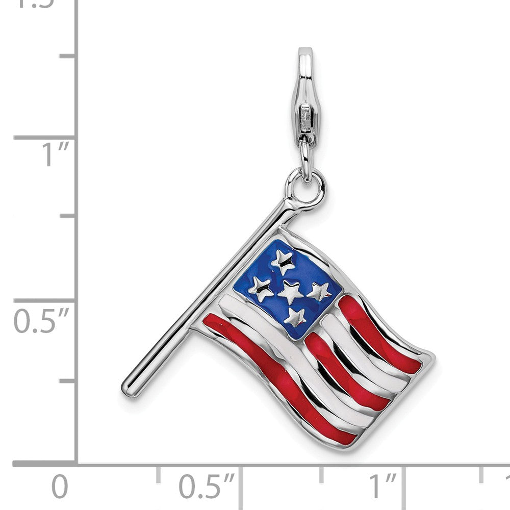 Sterling Silver Rhodium-plated 3-d Enameled American Flag With Lobster Clasp Charm