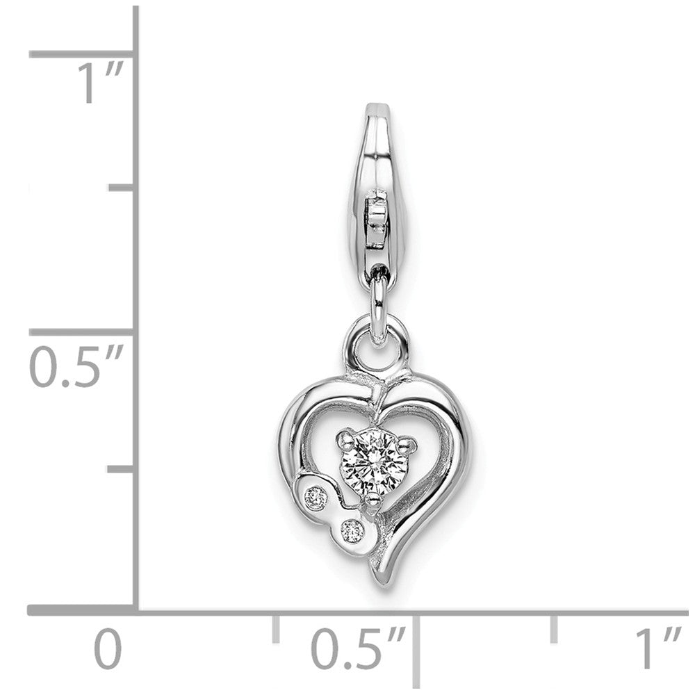 Sterling Silver Rhodium-plated Click-on Cz Polished Heart Charm