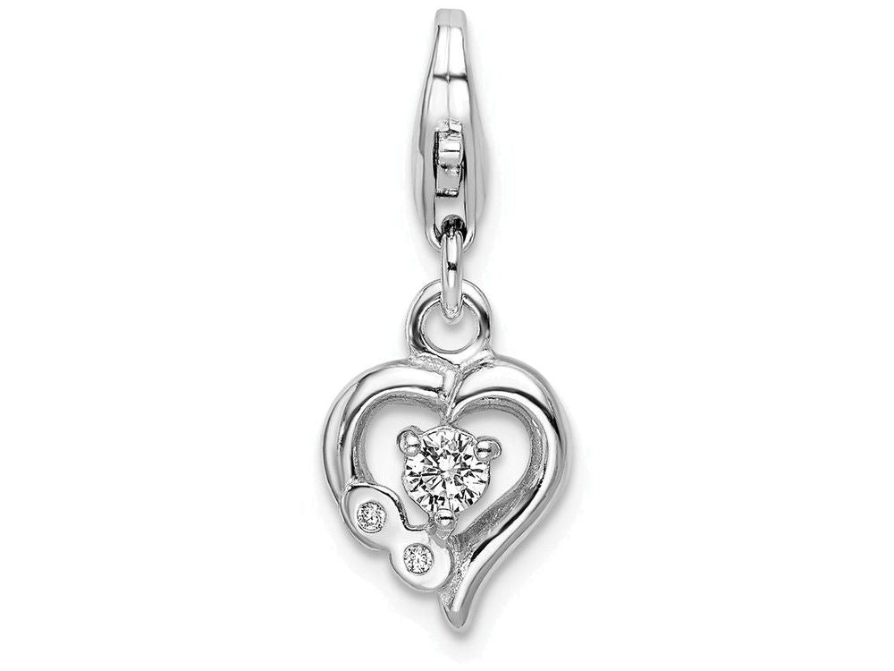 Sterling Silver Rhodium-plated Click-on Cz Polished Heart Charm