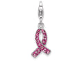 Sterling Silver Rhodium-plated Click-on Stellux Crystal Pink Awarenesterling Silver Charm