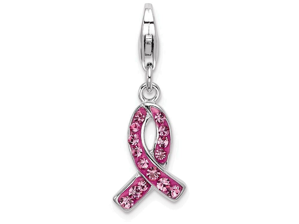 Sterling Silver Rhodium-plated Click-on Stellux Crystal Pink Awarenesterling Silver Charm