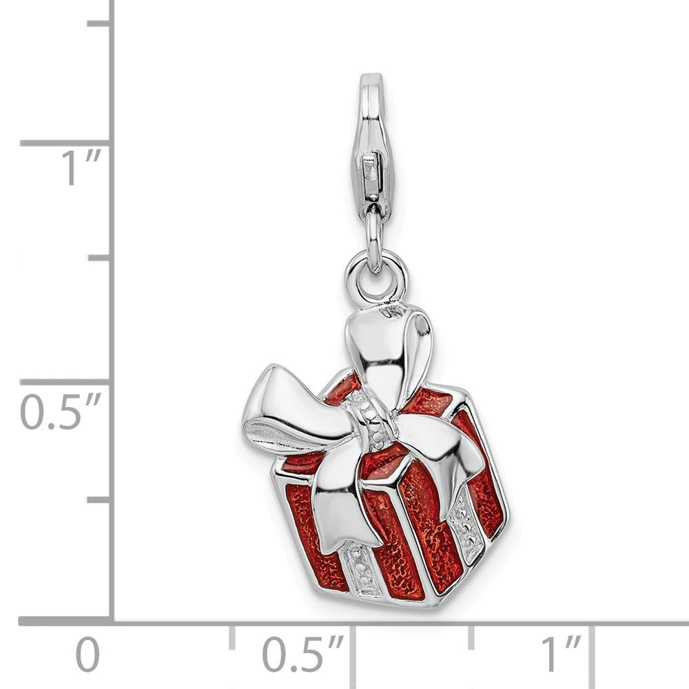 Sterling Silver Rhodium-plated Red Enameled Present With Lobster Clasp Charm