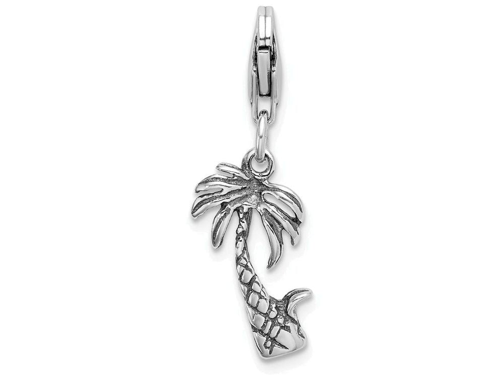 Sterling Silver 3-d Antiqued Palm Tree With Lobster Clasp Charm