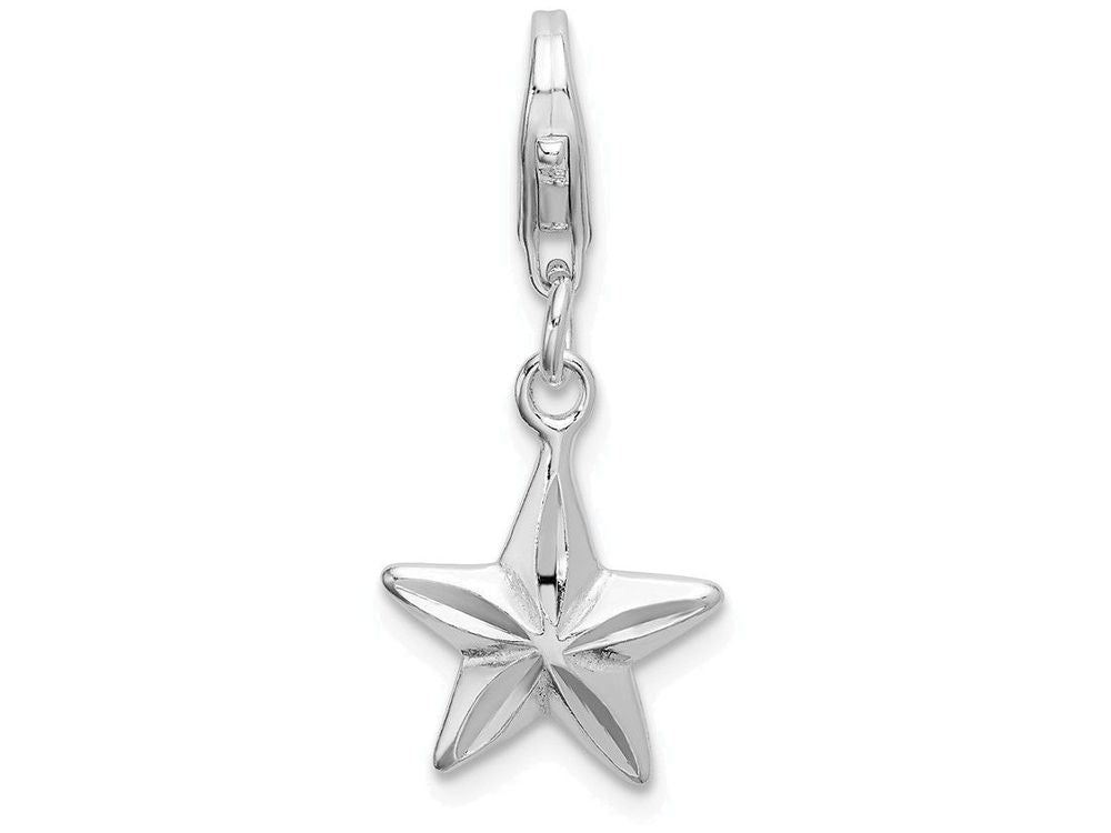 Sterling Silver Rhodium-plated 2-d Diamond-cut Star With Lobster Clasp Charm