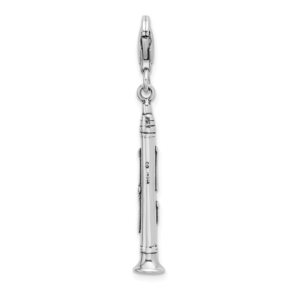 Sterling Silver 3-d Antiqued Clarinet With Lobster Clasp Charm