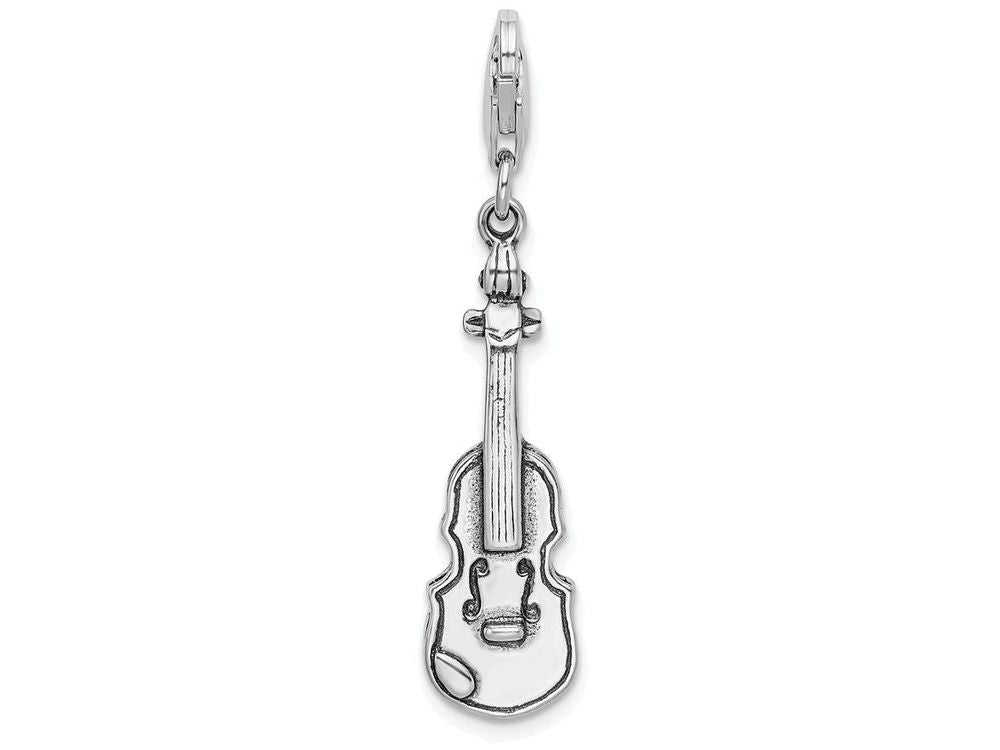 Sterling Silver 3-d Antiqued Violin With Lobster Clasp Charm
