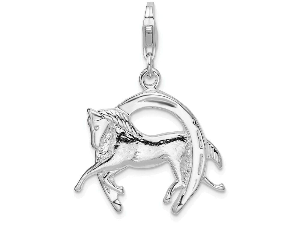 Sterling Silver Rhodium-plated Horse And Shoe With Lobster Clasp Charm
