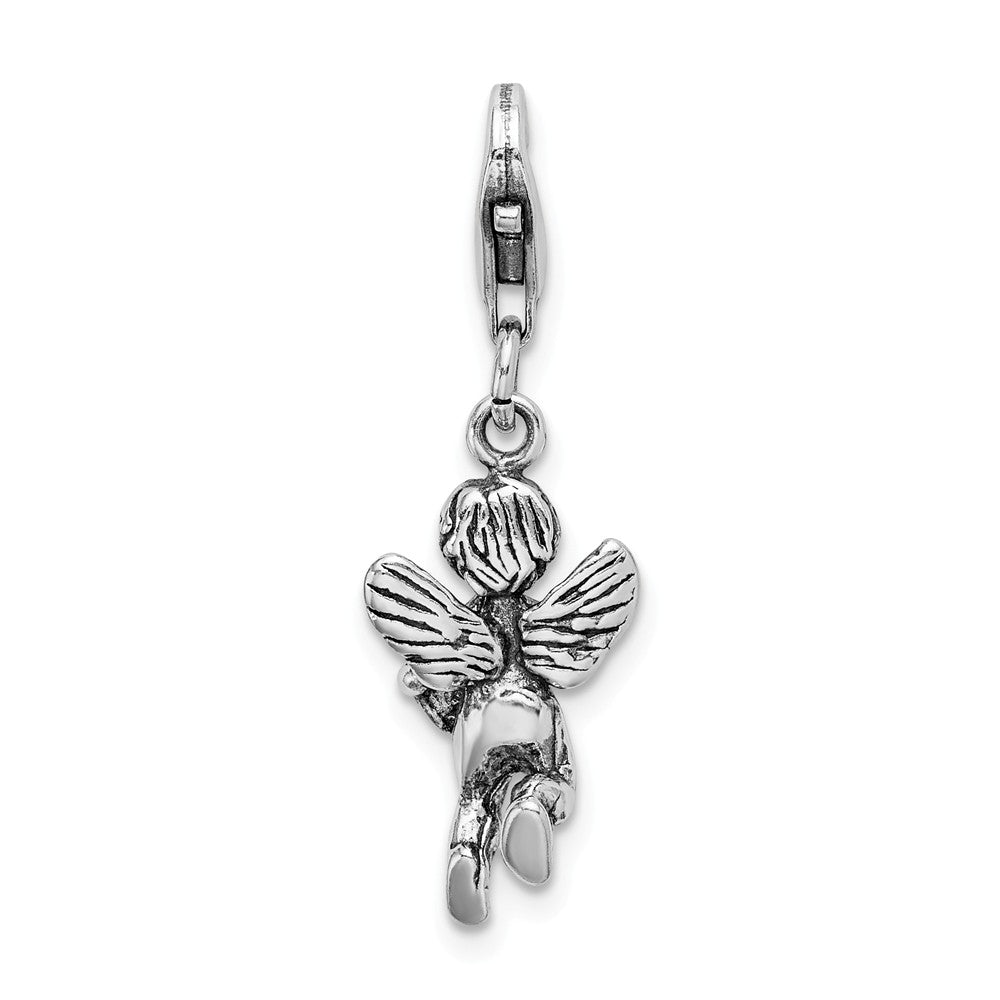 Sterling Silver 3d Antiqued Angel and Harp With Lobster Clasp Charm