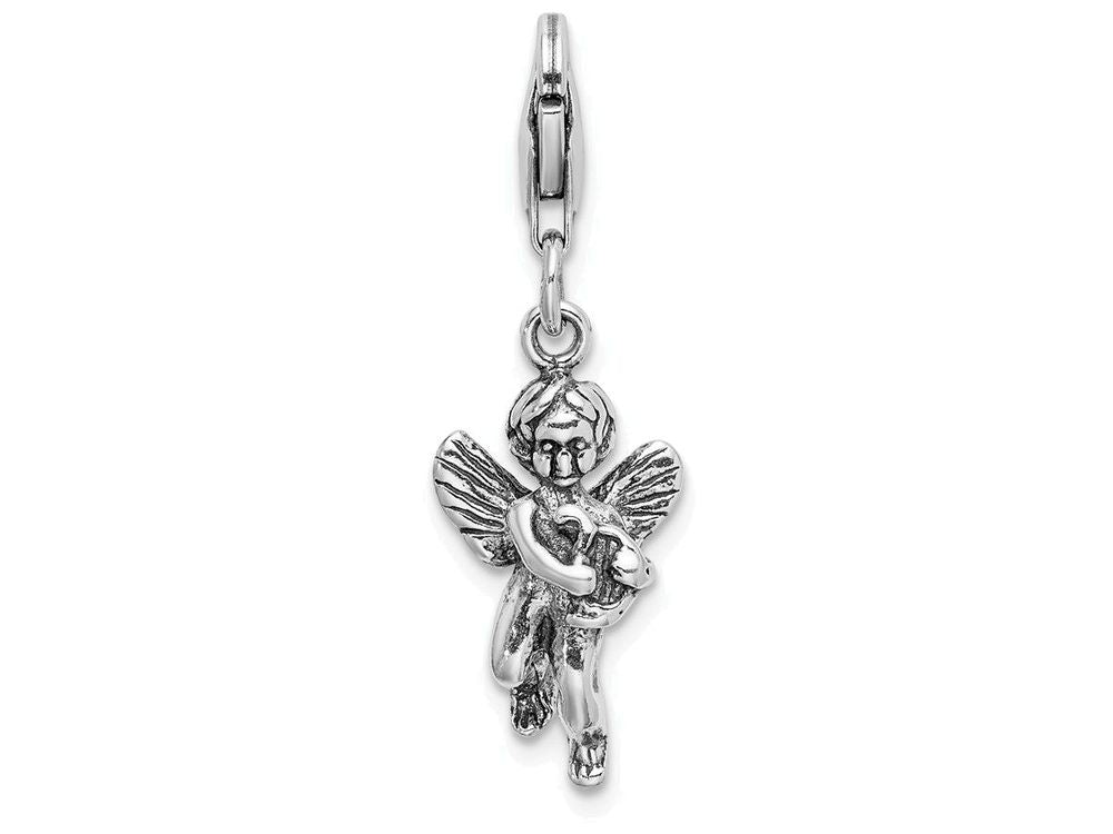 Sterling Silver 3d Antiqued Angel and Harp With Lobster Clasp Charm