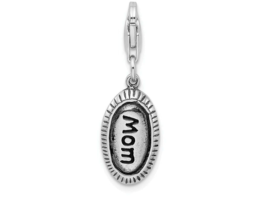 Sterling Silver Antiqued Mom With Lobster Clasp Charm