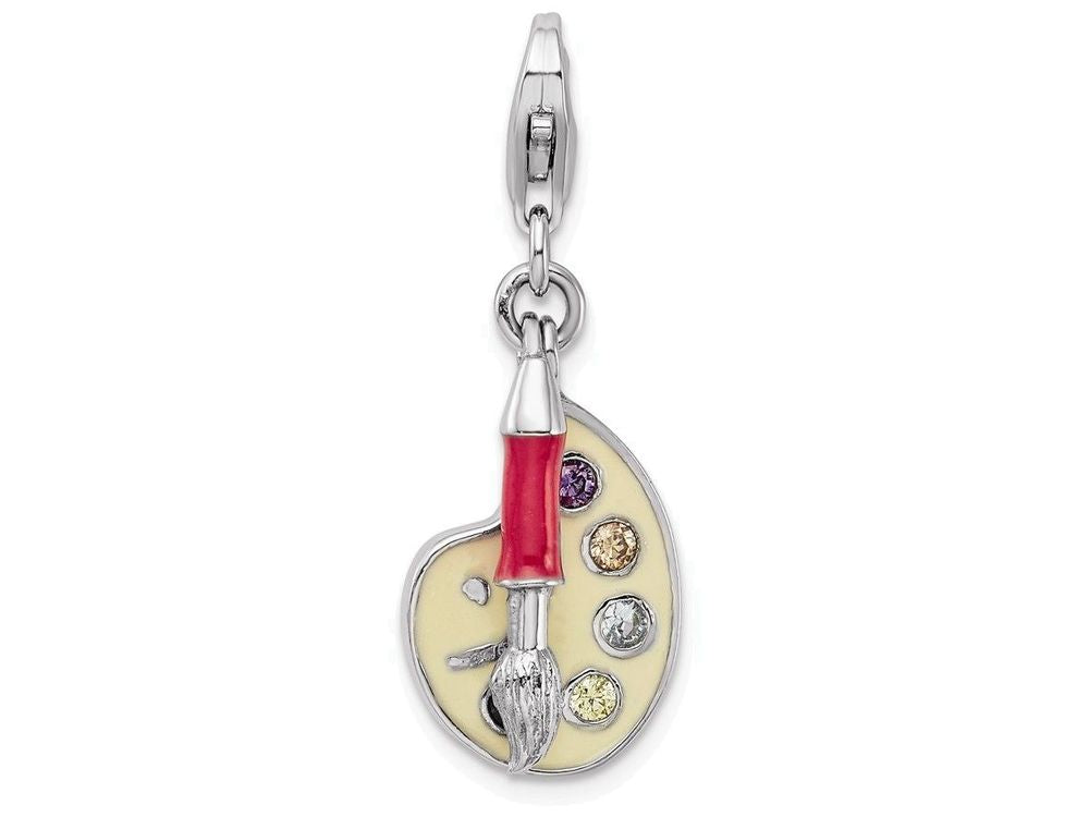 Sterling Silver Rhodium-plated Cz Enamel Artist Palette With Lobster Clasp Charm