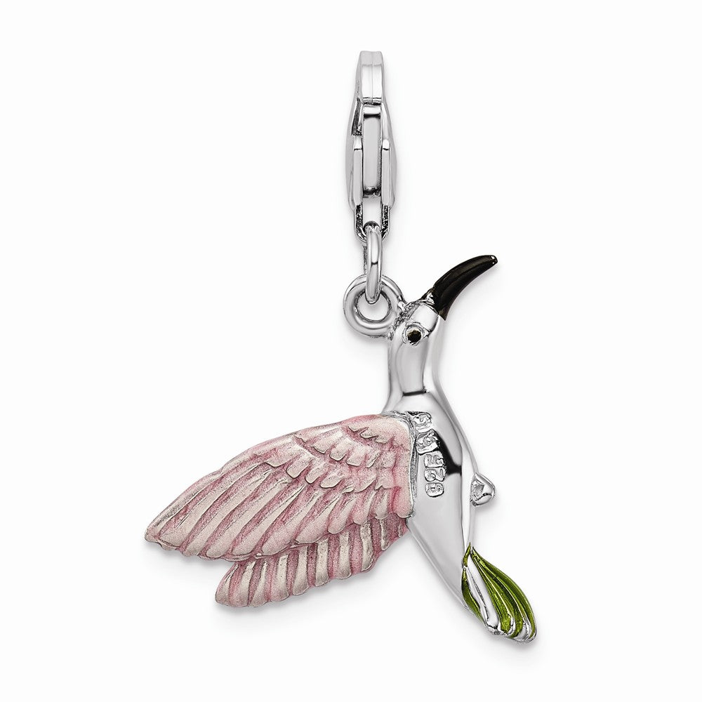 Sterling Silver Rhodium-plated Enamel Hummingbird With Lobster Clasp Charm
