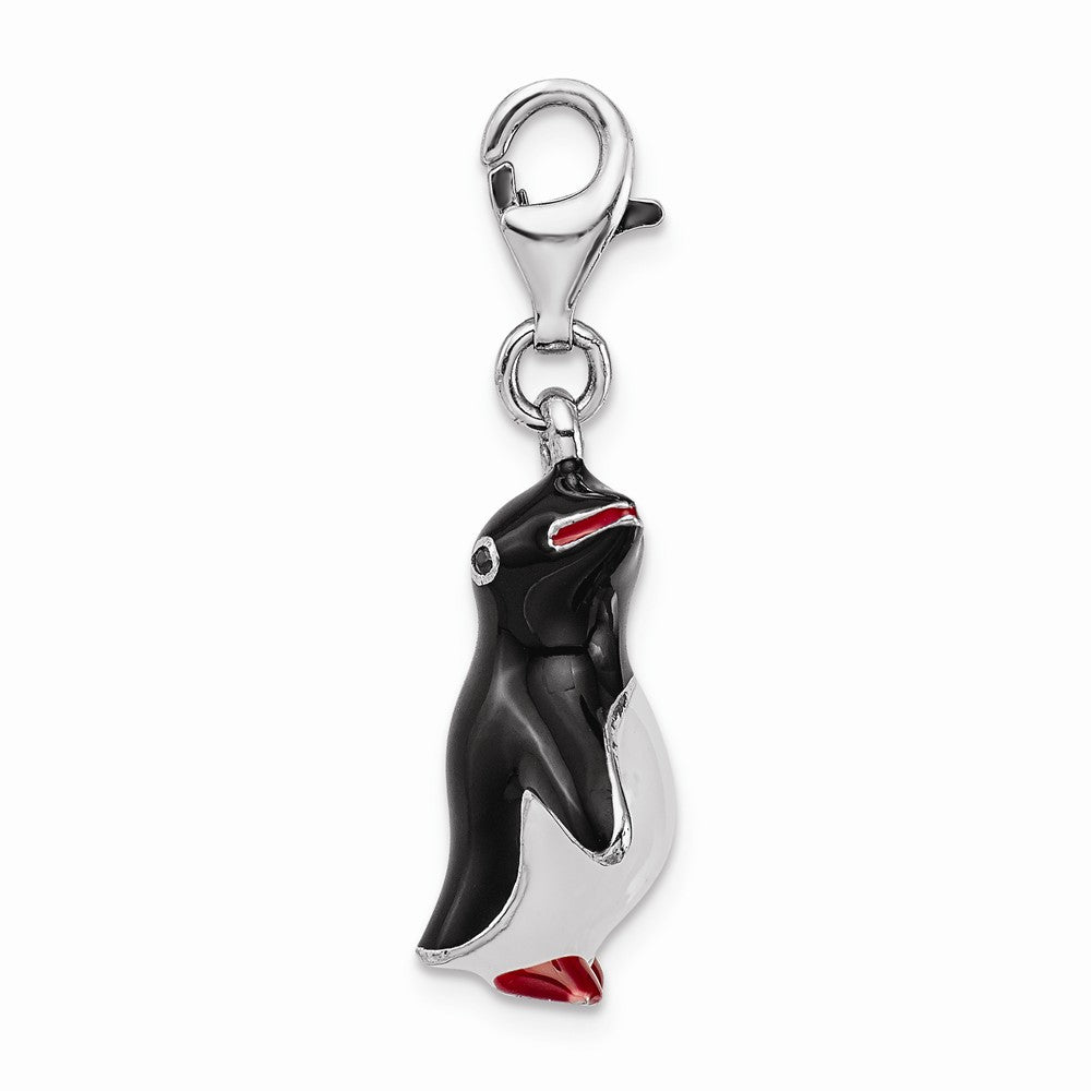 Sterling Silver Rhodium-plated Enamel Penguin With Lobster Clasp Charm