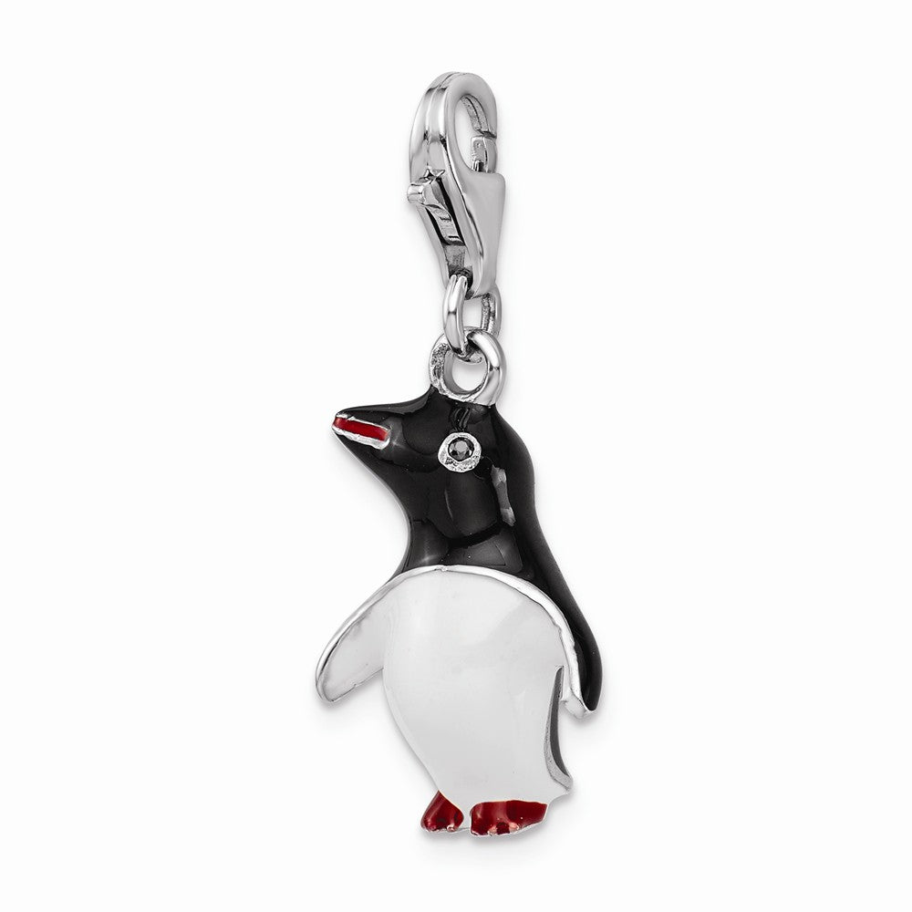 Sterling Silver Rhodium-plated Enamel Penguin With Lobster Clasp Charm
