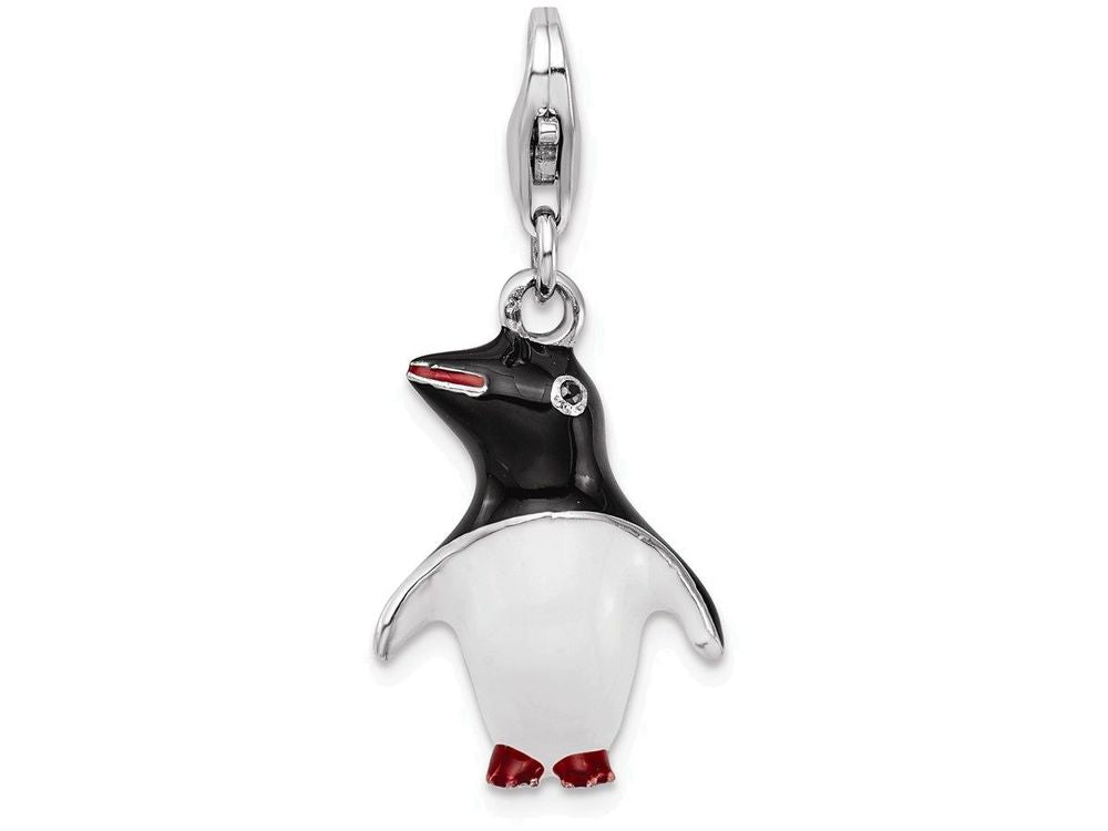 Sterling Silver Rhodium-plated Enamel Penguin With Lobster Clasp Charm