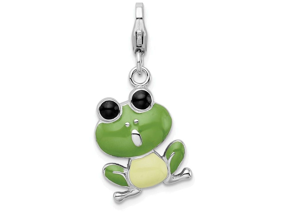 Sterling Silver Rhodium-plated Enameled Frog With Lobster Clasp Charm