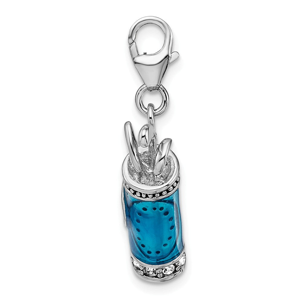 Sterling Silver Rhodium-plated Enameled 3-d Golf Bag And Clubs With Lobster Clasp Charm