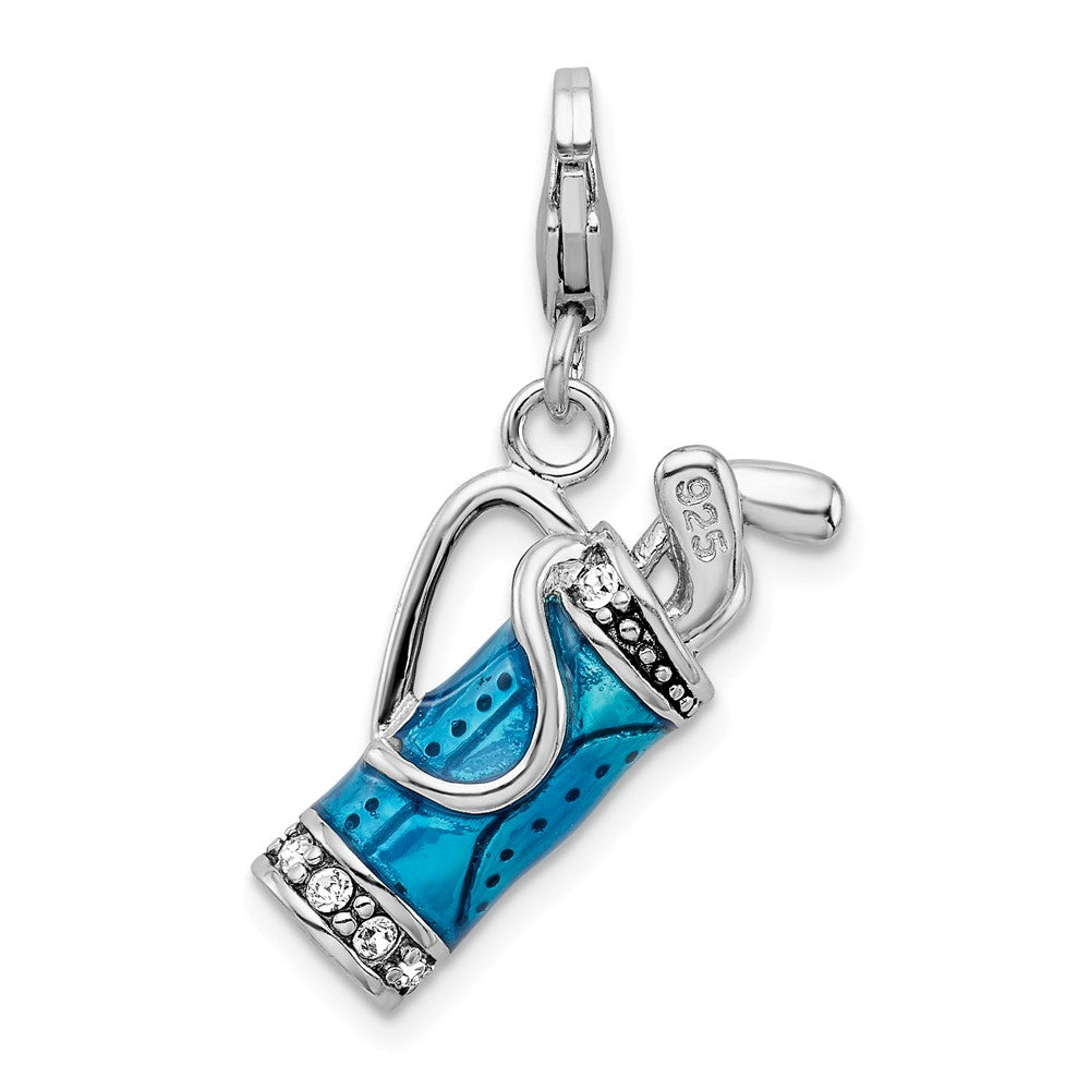 Sterling Silver Rhodium-plated Enameled 3-d Golf Bag And Clubs With Lobster Clasp Charm