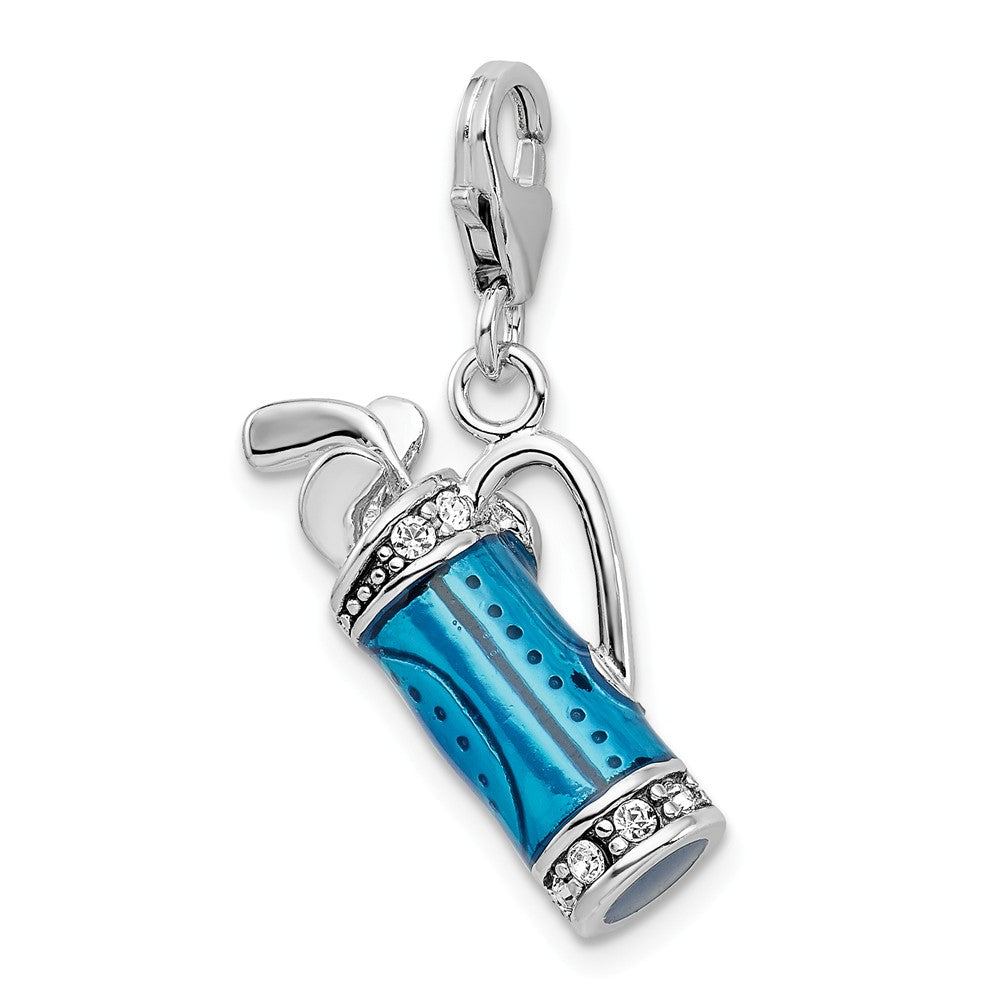Sterling Silver Rhodium-plated Enameled 3-d Golf Bag And Clubs With Lobster Clasp Charm