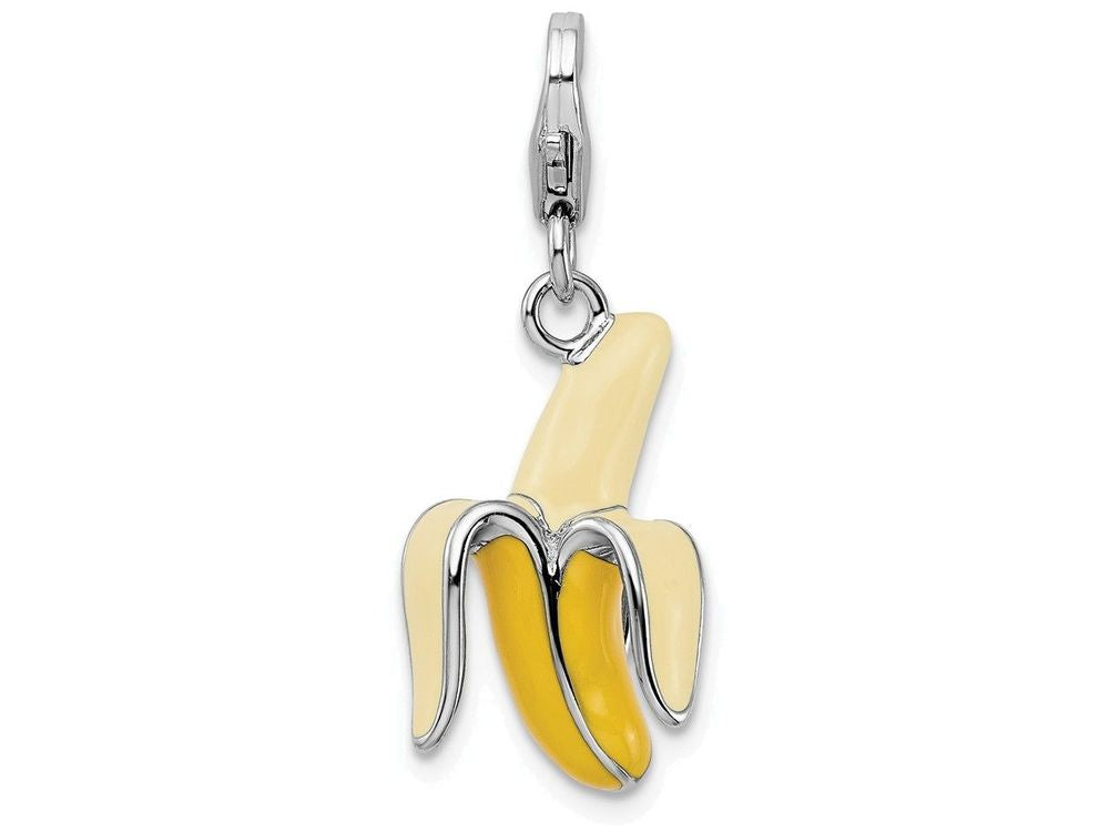 Sterling Silver Rhodium-plated Enameled 3-d Peeled Banana With Lobster Clasp Charm