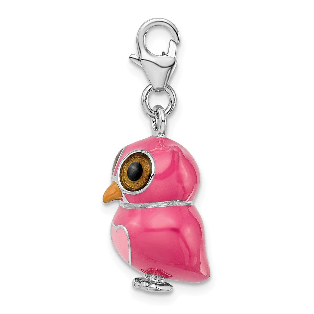 Sterling Silver Rhodium-plated Enameled 3-d Heart Owl With Lobster Clasp Charm