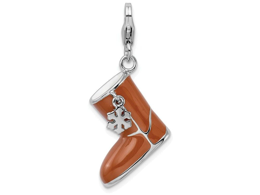 Sterling Silver Rhodium-plated Enameled 3-d Snow Boot With Lobster Clasp Charm