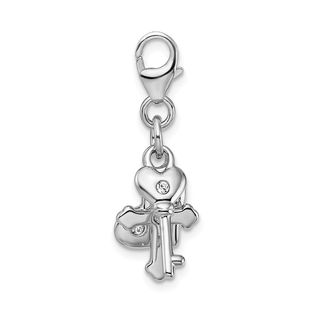 Sterling Silver Rhodium-plated Heart Crosterling Silver And Key With Lobster Clasp Charm