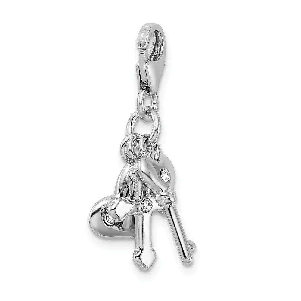 Sterling Silver Rhodium-plated Heart Crosterling Silver And Key With Lobster Clasp Charm