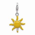 Sterling Silver Rhodium-plated Enameled 3-d Sunshine With Lobster Clasp Charm