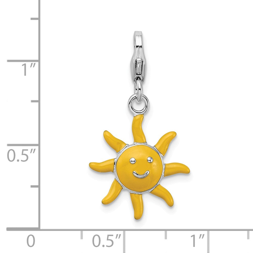 Sterling Silver Rhodium-plated Enameled 3-d Sunshine With Lobster Clasp Charm