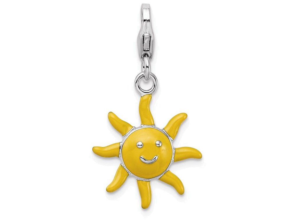 Sterling Silver Rhodium-plated Enameled 3-d Sunshine With Lobster Clasp Charm